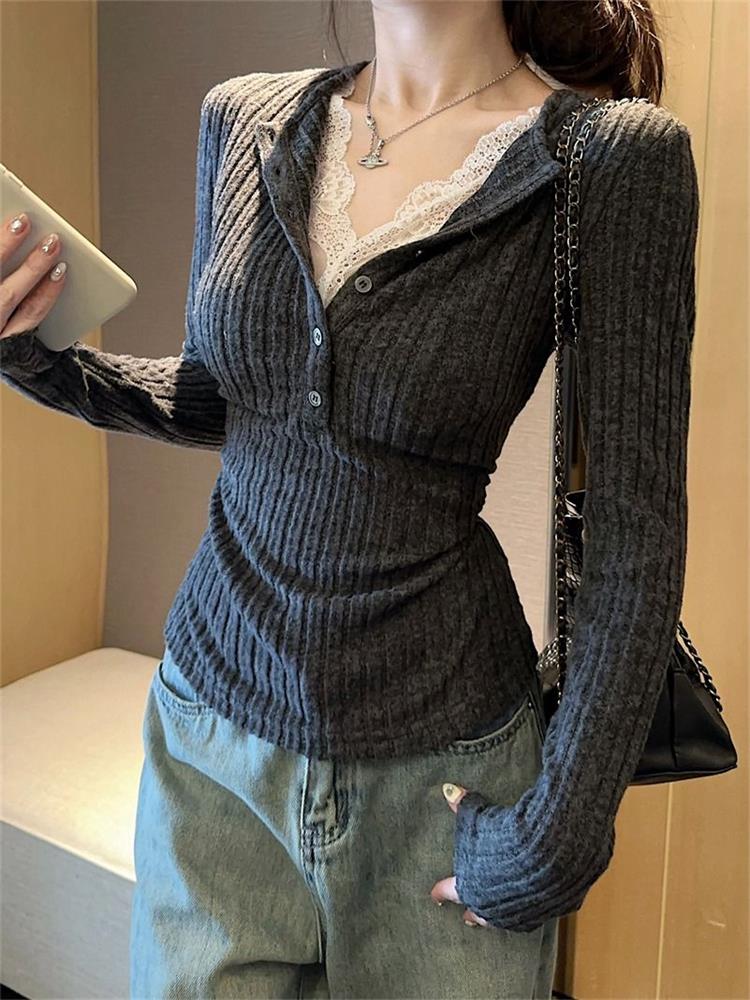 Winter Clothing Aesthetic - Dames Top Kant Patchwork T-shirt met