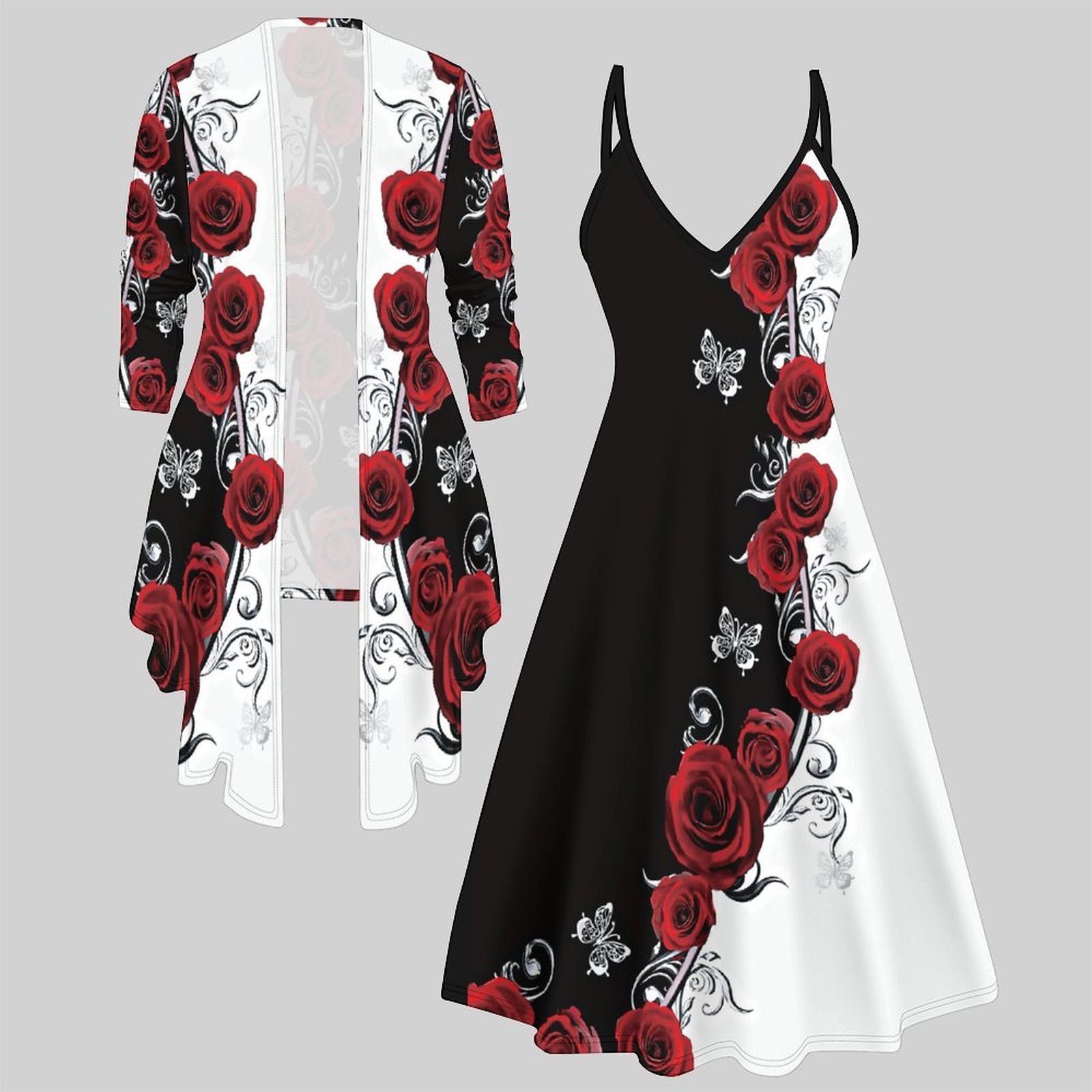 Winter Clothing Women Sale - Tweedelig damespak met midi-jurk, 3/4 mouwen